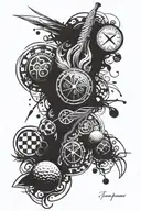 full left sleeve, with: “time is precious”, golf, NFFC, biomedical science research, hiking, powerlifting, gladiators. tattoo design idea