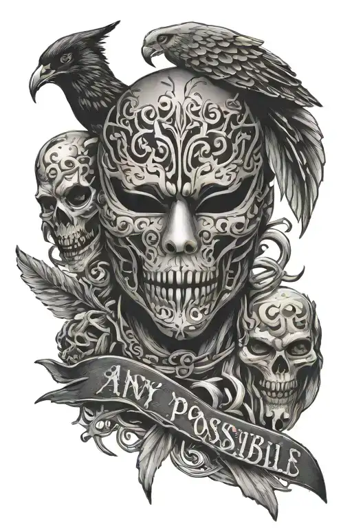 "any means possible" cursive vertical text, cuckoo bird, chinese ghost mask, cohesive tattoo design idea