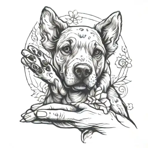 dog gives paw to girl hand, outlines tattoo design idea