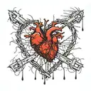 realistic heart being squeezed by barbed wire. shards of ice are also stabbing out of the heart. there is a bit of blood tattoo design idea