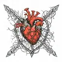 realistic heart being squeezed by barbed wire. shards of ice are also stabbing out of the heart. there is a bit of blood tattoo design idea