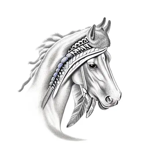 horse face, above a american indian head with a tribal hat tattoo design idea