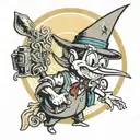 pinocchio holding ag sign in one hand and sun in other tattoo design idea