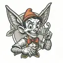 pinocchio holding ag sign in one hand and sun in other tattoo design idea