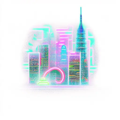 A futuristic cityscape with neon lights and holographic displays, featuring a hacker sitting on top of a skyscraper typing on a glowing keyboard tattoo design idea