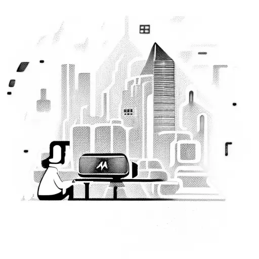 A futuristic cityscape with neon lights and holographic displays, featuring a hacker sitting on top of a skyscraper typing on a glowing keyboard tattoo design idea