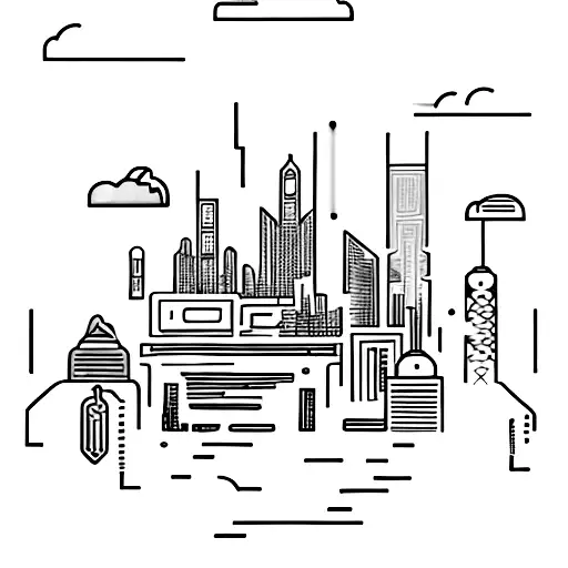 A futuristic cityscape with neon lights and holographic displays, featuring a hacker sitting on top of a skyscraper typing on a glowing keyboard tattoo design idea