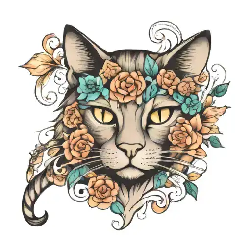 cat and flowers wrapped tattoo design idea