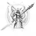 Saint Michael with flaming sword fighting Satan tattoo design idea