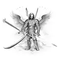 Saint Michael with flaming sword fighting Satan tattoo design idea