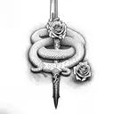 sword with a snake wrapped around it and roses tattoo design idea