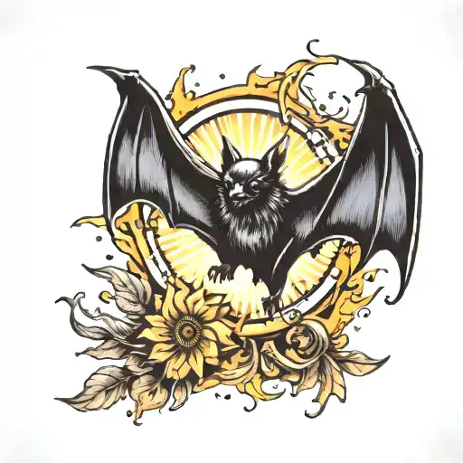 bat with sun in wings spread wide tattoo design idea