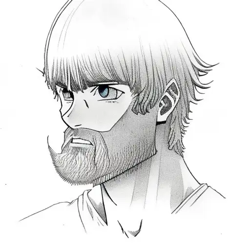 thorfinn from the manga vinland saga, at peace, with a quote "all truly strong people are kind" tattoo design idea