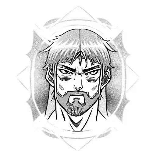 thorfinn from the manga vinland saga, happy and at peace, with a quote "all truly strong people are kind" tattoo design idea