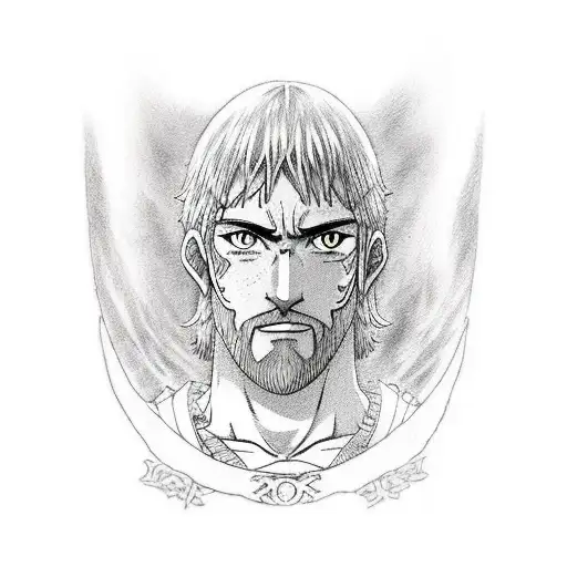 thorfinn from the manga vinland saga, at peace, with a quote "all truly strong people are kind" tattoo design idea