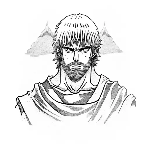 thorfinn from the manga vinland saga, at peace, with a quote "all truly strong people are kind" tattoo design idea