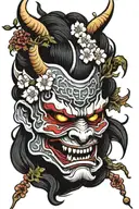 oni demon mask with cherry blossoms tattoo design idea