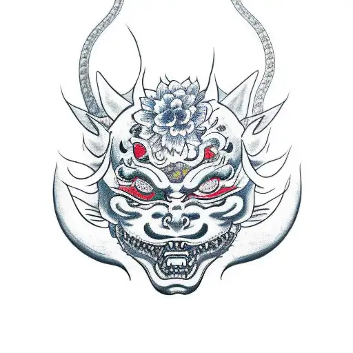 A Japanese-style tattoo featuring a Hannya mask surrounded by intricate flowers and snakes tattoo design idea