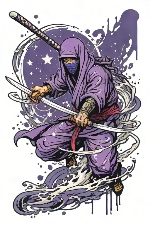 Create a tattoo of a ninja in purple with a oil splash sash, wielding a midnight blade with stars glimmering across the  tattoo design idea