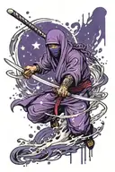 Create a tattoo of a ninja in purple with a oil splash sash, wielding a midnight blade with stars glimmering across the  tattoo design idea