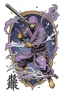 Create a tattoo of a ninja in purple with a oil splash sash, wielding a midnight blade with stars glimmering across the  tattoo design idea