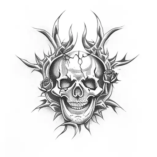 the gates of hell on every door there is a skeleton around a rose with thorns tattoo design idea
