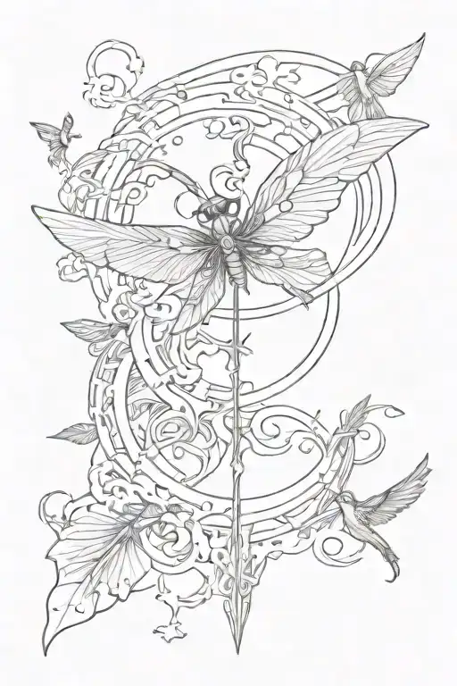four arrows and crescent moon and dragon fly away tattoo design idea