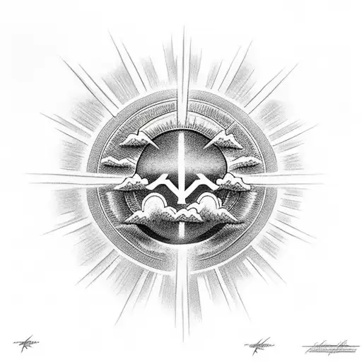 cross peaking out of the clouds with the sun beaming down from above  tattoo design idea