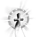 cross coming out of the clouds with a sun above shining down tattoo design idea