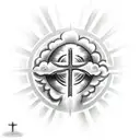 cross coming out of the clouds with a sun above shining down tattoo design idea