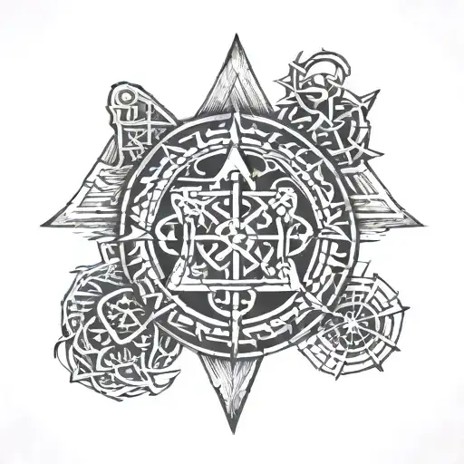 vegvisir, valknut, mjolnir, helm of awe, yggdrasil tattoo design idea