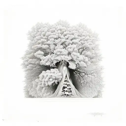 A child sitting in the bottom and a ghost comes out of it. In the middle is a tree that is being hit by people with axes tattoo design idea