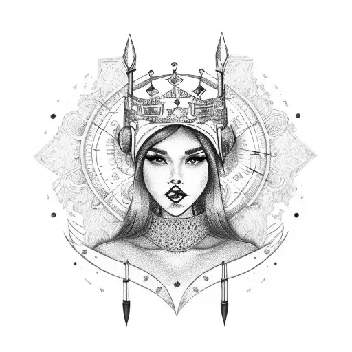 A queen wearinf a Laulhere beret hat adorned with intricate bow and arrow designs tattoo design idea