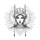 A queen wearinf a Laulhere beret hat adorned with intricate bow and arrow designs tattoo design idea