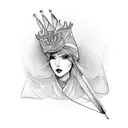 A queen wearinf a Laulhere beret hat adorned with intricate bow and arrow designs tattoo design idea