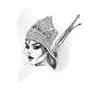 A queen wearinf a Laulhere beret hat adorned with intricate bow and arrow designs tattoo design idea