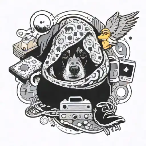 A black and grey tattoo of a dog in a cozy blanket, surrounded by computer-related symbols and a plush duck toy tattoo design idea