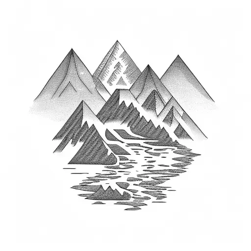 mountain and stream at dusk tattoo design idea