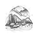 mountain and stream at dusk tattoo design idea