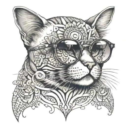 cat with sunglasses and mandala tattoo design idea