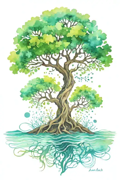 An intricate tree of life design with roots reaching into a flowing river, representing your connection to nature and water tattoo design idea