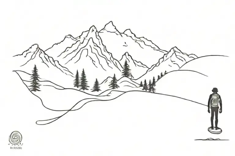 a double tattoo : a mountain range and a hiker, fine lines no trees and a wave with a surfer  tattoo design idea