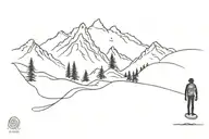 a double tattoo : a mountain range and a hiker, fine lines no trees and a wave with a surfer  tattoo design idea