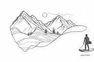 a double tattoo : a mountain range and a hiker, fine lines no trees and a wave with a surfer  tattoo design idea