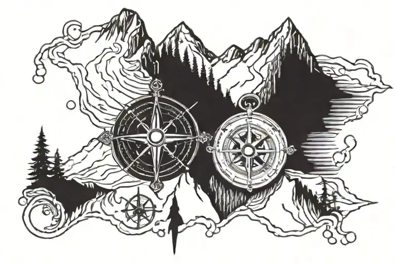 compass surrounded my mountain peak surrounded my mountain range tattoo design idea