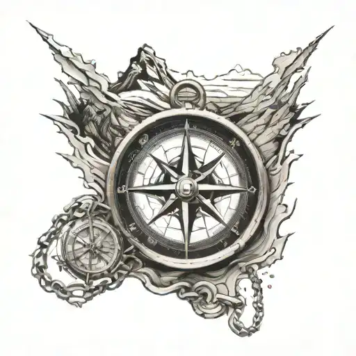 compass and mountains reflected horizontally chained together tattoo design idea