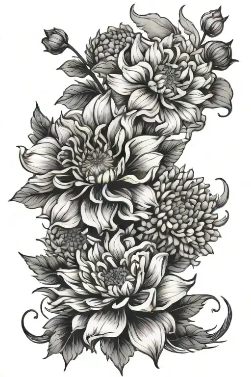 cosmo flower and chrysanthemum bouquet tattoo design idea