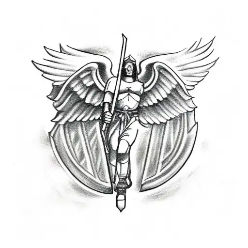 a black and white drawing of an angel holding a sword, spartan, mythology artwork, archangel michael, pantheon, spartan  tattoo design idea