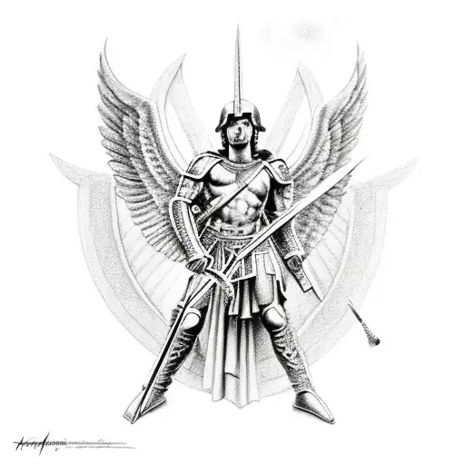 a black and white drawing of an angel holding a sword, spartan, mythology artwork, archangel michael, pantheon, spartan  tattoo design idea