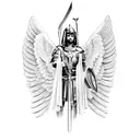 a black and white drawing of an angel holding a sword, spartan, mythology artwork, archangel michael, pantheon, spartan  tattoo design idea